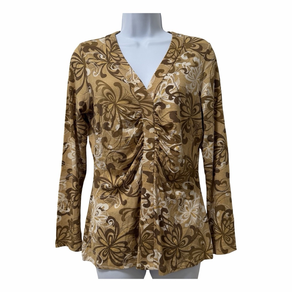 New York & Company Women Jersey Stretch Floral Ruched Top Size M Brown Y2K 2000s